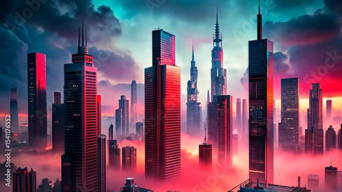 Neon-lit skyscrapers pierce through a vibrant sunset, a futuristic metropolis shrouded in a captivating red haze.
