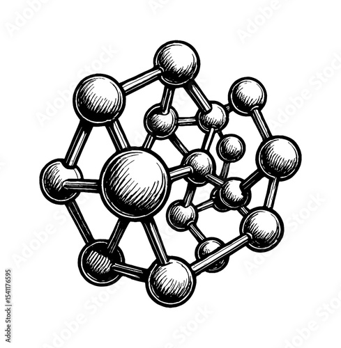 Illustration of Molecular Structure with Spheres and Rods in Black and White Engraved Style