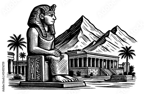 Ancient Egyptian Pharaoh Statue with Temple and Mountains in Black and White Engraving Art Style