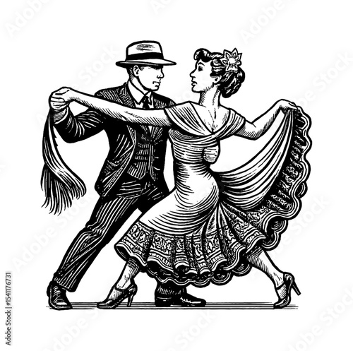 Elegant Couple Dancing Tango in Detailed Black and White Engraved Style Illustration