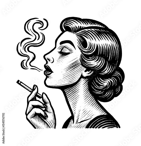 Elegant Woman Smoking Cigarette in Profile, Vintage Engraving Art Style Black and White