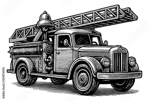 Vintage Fire Engine Truck Detailed Black and White Engraving Style Illustration