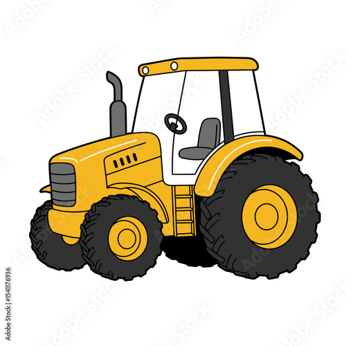 Flat design illustration of a tractor with black wheels and a beige exhaust pipe on a white background. Represents agriculture, farming, and rural machinery. Vector illustration