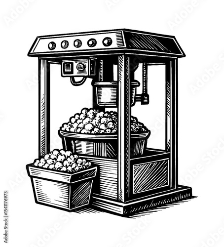 Engraved Popcorn Machine with Popcorn Filling Baskets in Black and White Detailed Illustration