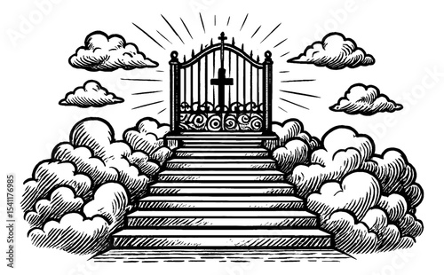 Stairway to Heaven with Gate and Cross Surrounded by Clouds Engrave Illustration