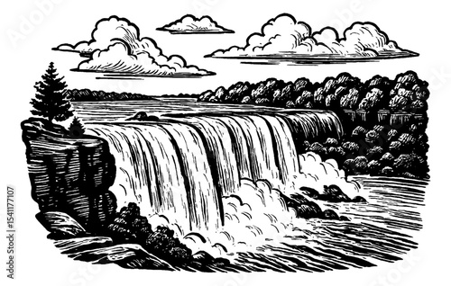 Black and White Illustration of Waterfall with Trees and Clouds Scenery