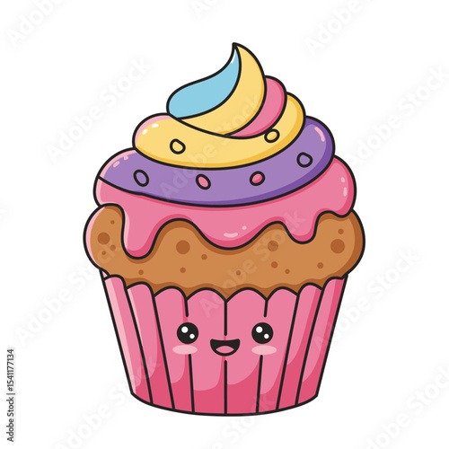 Coquette cupcake decorated with whipped cream, cherry berry, cute bow. Sweet muffin in red paper cup. Baked dessert, small cake. Flat vector clipart