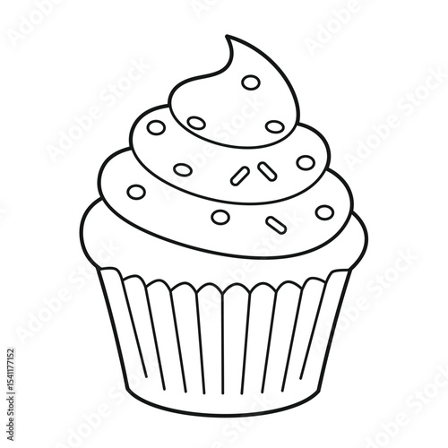 Coquette cupcake decorated with whipped cream, cherry berry, cute bow. Sweet muffin in red paper cup. Baked dessert, small cake. Flat vector clipart