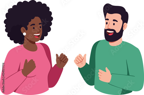 Diverse man and woman engaging in friendly conversation with expressive gestures vector illustration 
