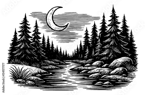 Engraved Landscape of Forest with River Rocks and Moon at Night in Black and White