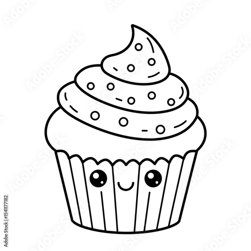 Coquette cupcake decorated with whipped cream, cherry berry, cute bow. Sweet muffin in red paper cup. Baked dessert, small cake. Flat vector clipart
