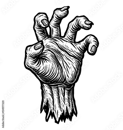 Creepy Hand Reaching Out with Fingers Extended Detailed Engraving Black and White
