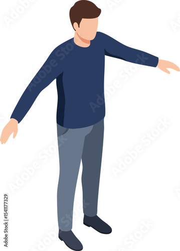 Young man standing with arms slightly extended wearing navy blue top and gray pants in isometric style vector illustration 