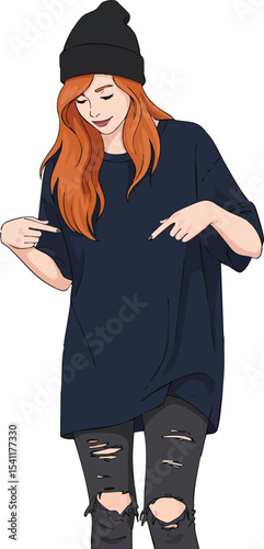 Redhead woman in black oversized shirt and ripped jeans wearing beanie pointing down with casual style