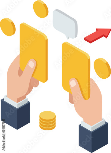 Hands holding credit cards with golden coins and red arrow financial transaction vector illustration 