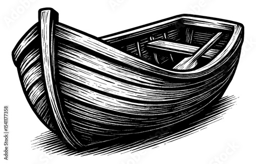 Monochrome Engraved Style Image of a Boat with an Oar Inside