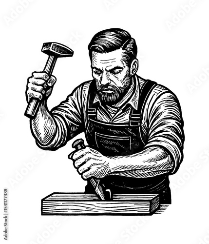 Craftsman chiseling wood with hammer, detailed engraving style illustration