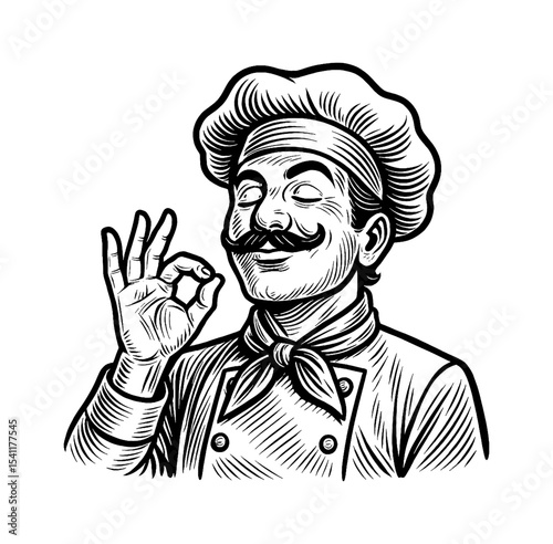 Happy Chef with Mustache Making Okay Sign in Black and White Detailed Engrave Drawing