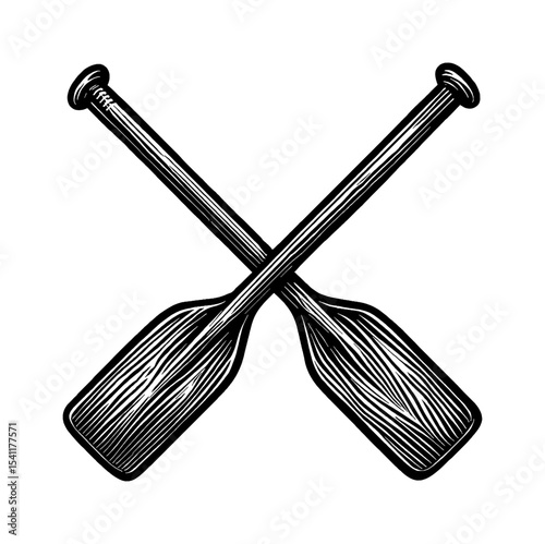 Two Crossed Paddles Rowing Oars in Black and White Engraved Style Vector Illustration