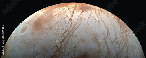A detailed, full-disk rendering of Europa, one of Jupiter's Galilean moons, showcasing its smooth, icy surface crisscrossed by distinctive reddish-brown lines and subtle cracks. 