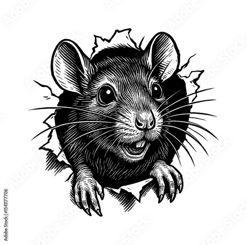 Illustration of a Cheerful Mouse Peeking Through a Hole with Intricate Engraved Details