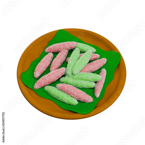 3D illustration of traditional Indonesian cenil panjang, a sweet and chewy dessert with colorful coatings, served on a plate, perfect for food visuals.