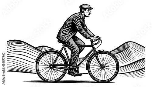 Man Riding a Bicycle with Mountains in the Background in Detailed Black and White Drawing