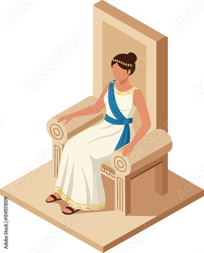 Ancient Roman woman sitting on throne wearing white dress with blue sash and gold details vector illustration 