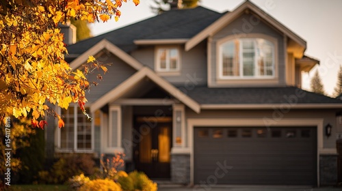 Fototapeta Naklejka Na Ścianę i Meble -  Blurry image of large gray house framed with fall foliage at golden hour