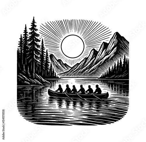 People Rowing Canoe on Lake with Mountain and Forest Landscape Black and White Engraving