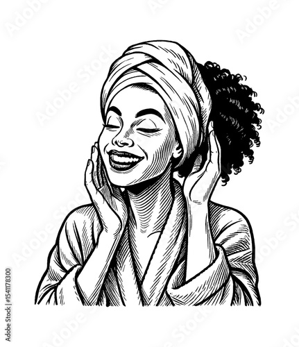 African American Woman with Head Scarf Touching Face Smiling in Black and White Illustration