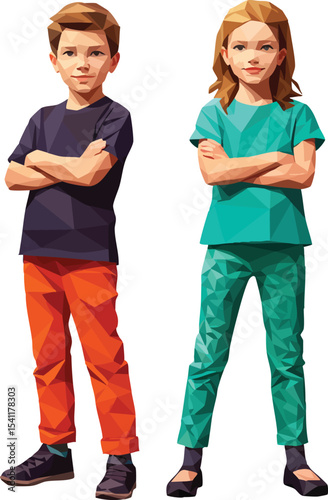 Confident standing boy and girl with crossed arms wearing casual clothing in full body vector illustration 
