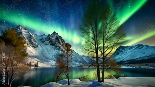 Aurora Borealis Illuminates Snowy Peaks and Serene Lake at Night