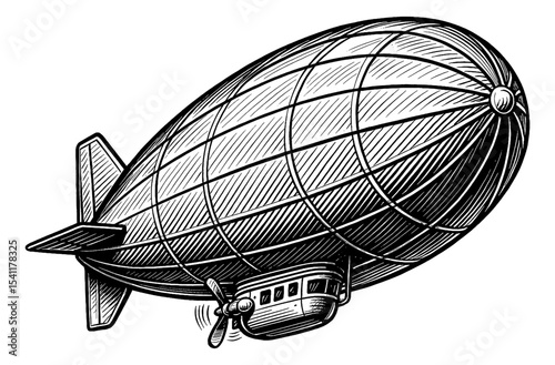 Vintage Engraved Illustration of an Airship or Dirigible in Black and White Detailed Drawing