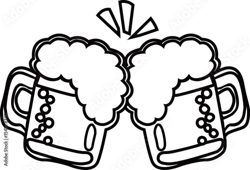 ビールで乾杯のアウトライン白黒線画イラスト
