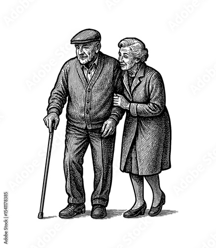 Elderly Couple Walking Together with Affectionate Look in Engraved Line Art Black and White