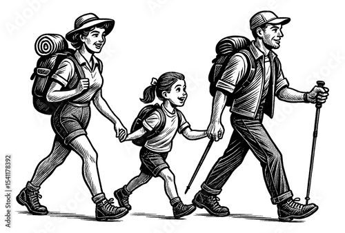 Happy Family Hiking Together in Black and White Line Art, Enjoying Outdoor Activity and Nature
