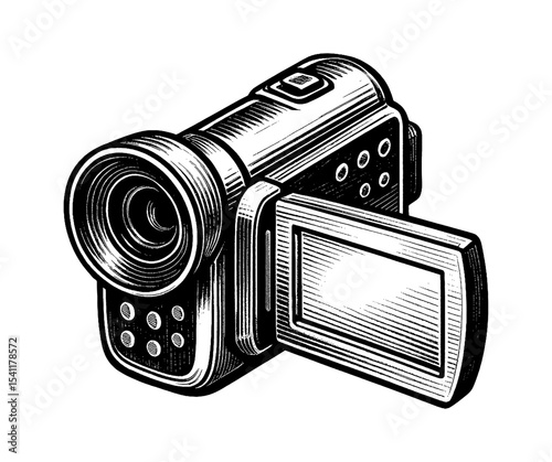 Vector Illustration of a Black and White Vintage Camcorder in Detailed Engraved Style