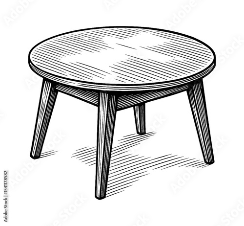 Engraved Illustration of a Wooden Stool with Round Seat and Three Legs in Side Perspective