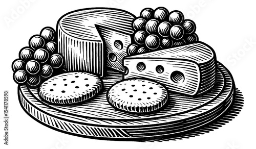 Cheese plate with grapes and crackers in black and white detailed engraving style