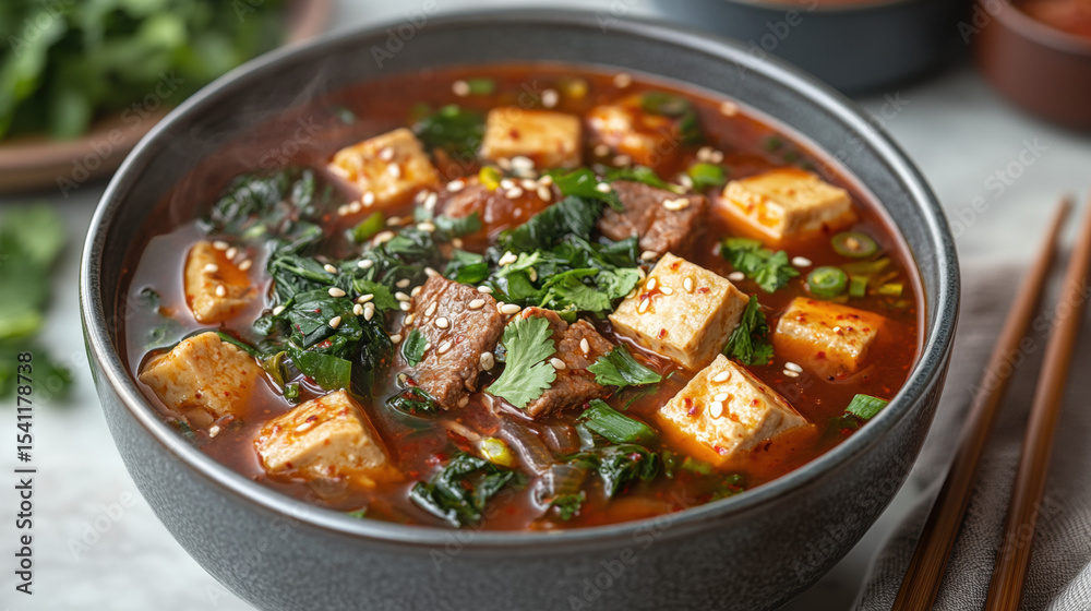 Hearty bowls of beef and chicken stew with vegetables and rice Hearty bowls of beef and chicken stew with vegetables and rice