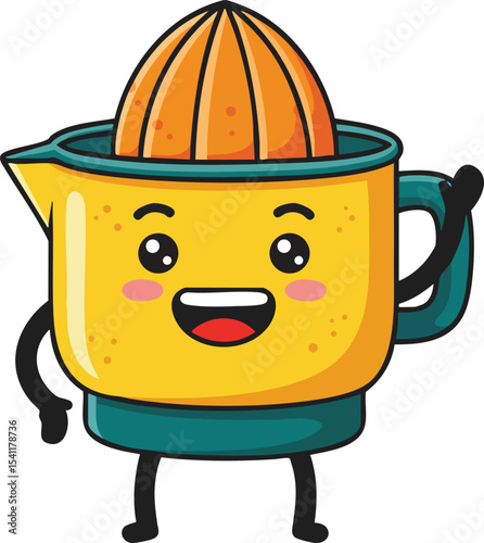 Cute yellow and green citrus juicer cartoon character with happy face and smiling expression vector illustration 