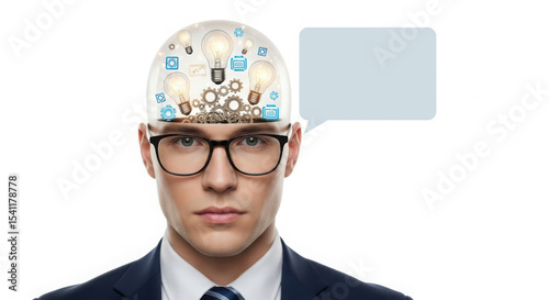 Businessman with glass head and empty speech bubble for creative thinking and communication.