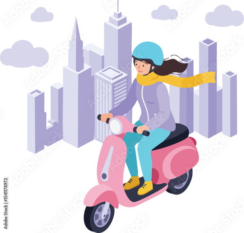 Woman riding pink scooter through cityscape with skyscrapers and clouds urban transportation concept 