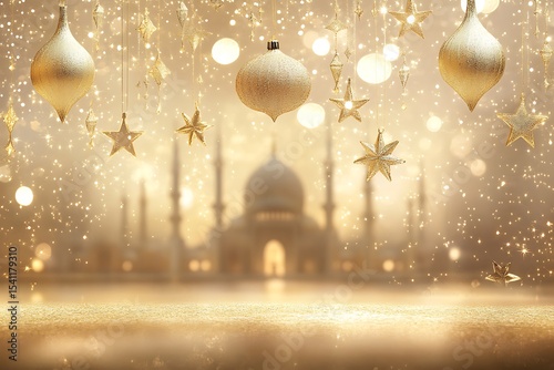 Golden stars and ornaments hanging above a blurred mosque create a festive mood