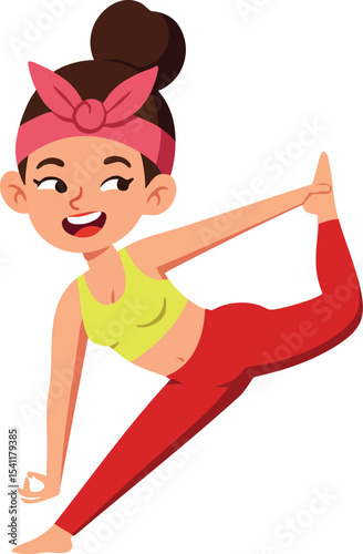 Young woman practicing yoga stretching exercise in colorful activewear vector illustration 