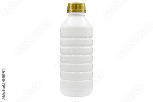 White plastic bottle with gold cap on white background with clipping path