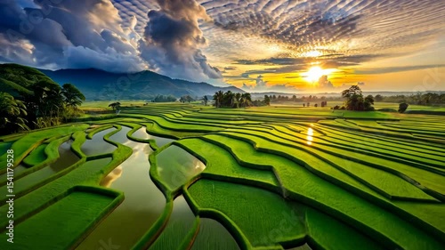 Tranquil Sunrise Over Lush Green Rice Terraces and Rolling Hills