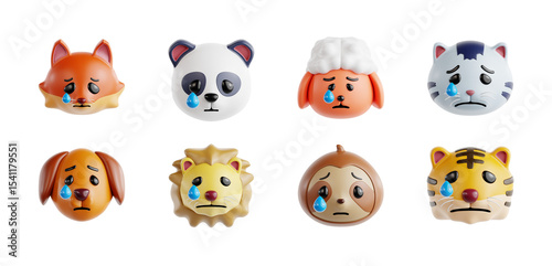 Set of Sorry Emoji 3D Icons Including Sad Cat, Sad Dog, Sad Fox, and More