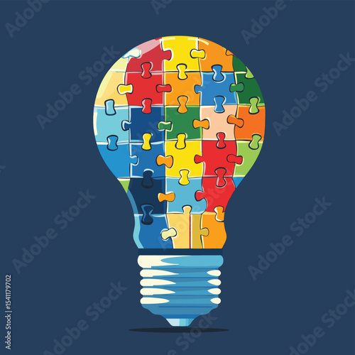 Light bulb made of puzzle pieces as idea concept. Flat style illustration. Isolated